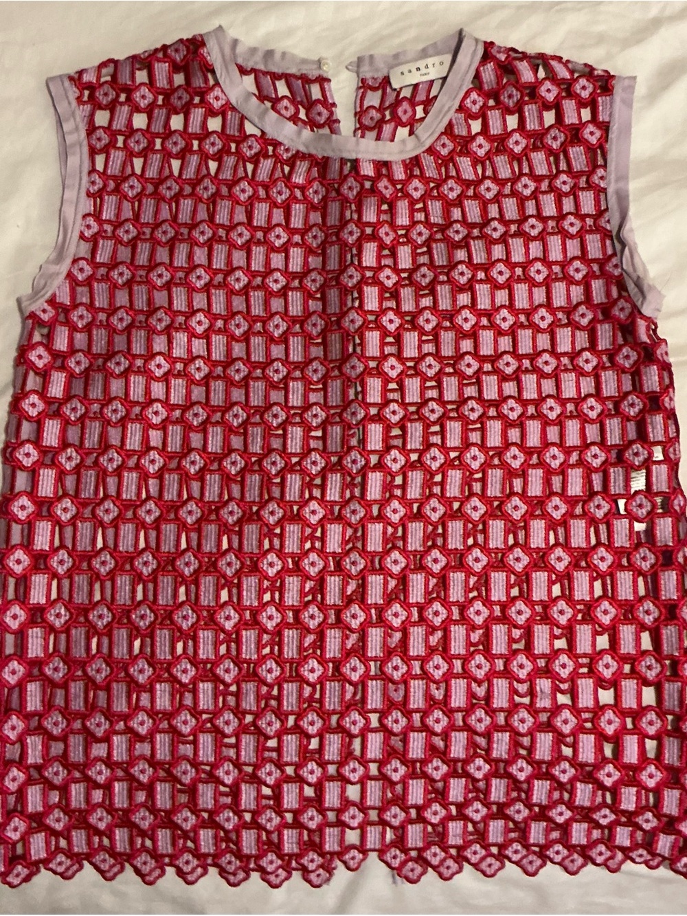 Sandro Red and Pink Lace-Grid Sleeveless Blouse